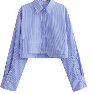 ZARA Cropped Blue Pinstripe Button-Up Shirt